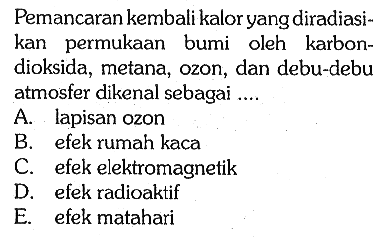 Pemancaran kembali kalor yang diradiasikan permukaan bumi oleh karbondioksida, metana, ozon, dan debu-debu atmosfer dikenal sebagai ....
