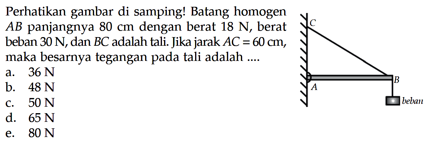 Perhatikan gambar di samping! Batang homogen AB panjangnya 80 cm dengan berat 18 N, berat beban 30 N, dan BC adalah tali. Jika jarak AC=60 cm, maka besarnya tegangan pada tali adalah ... 