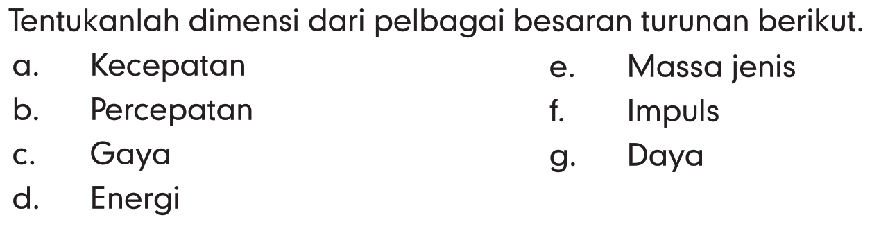 Tentukanlah dimensi dari pelbagai besaran turunan berikut. a. Kecepatan b. Percepatan c. Gaya d. Energi e. Massa jenis f. Impuls g. Daya 