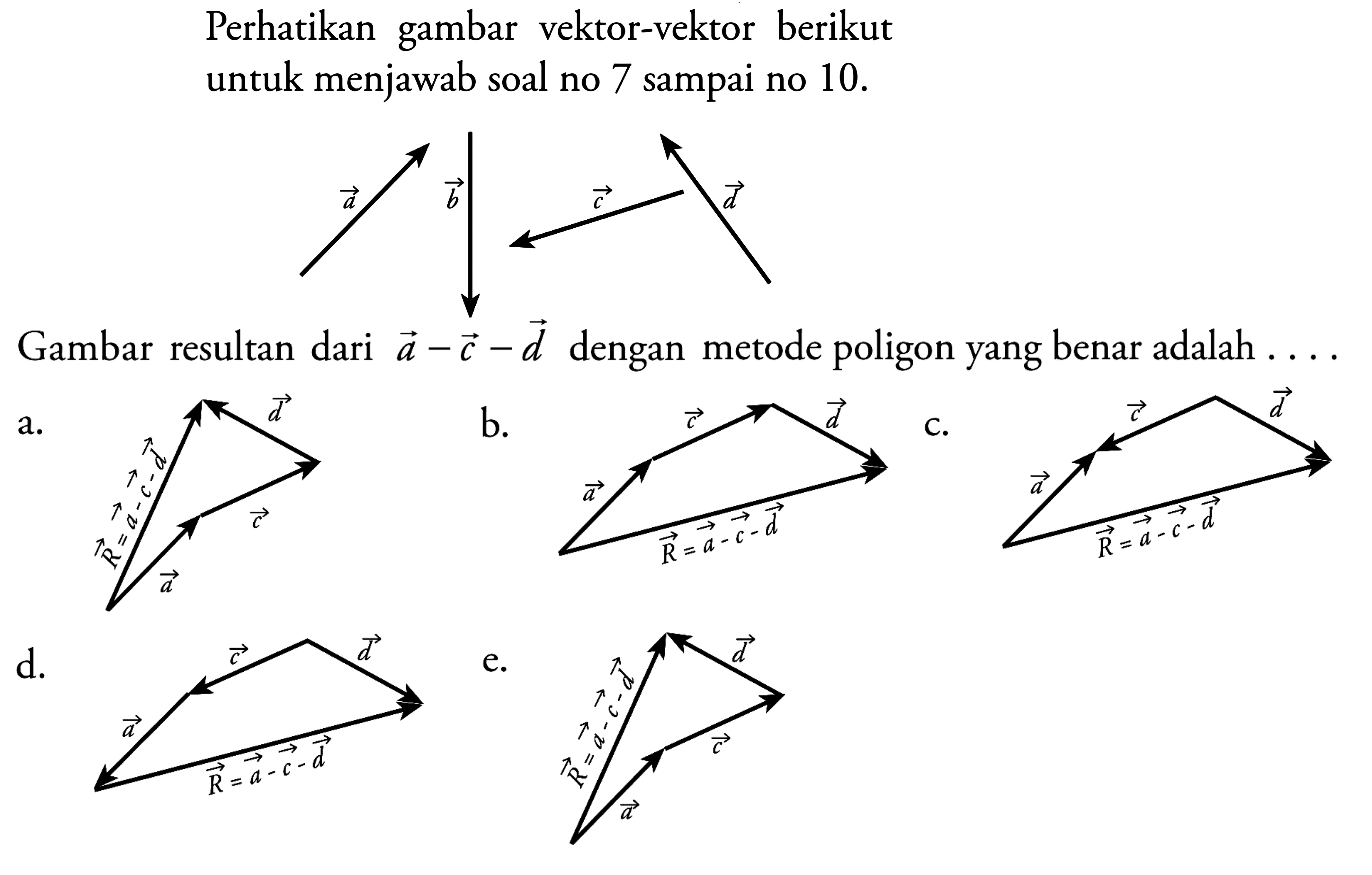 Perhatikan gambar vektor-vektor berikut untuk menjawab soal no 7 sampai no 10. 
vektor a vektor b vektor c vektor d 
Gambar resultan dari a - c - d dengan  metode poligon yang benar adalah 
a. Vektor R = a - c - d vektor d vektor c vektor a 
b. vektor c vektor d vektor a Vektor R = a - c -d 
c. vektor c vektor d vektor a Vektor R = a - c - d 
d. vektor c vektor d vektor a Vektor R = a - c d 
e. Vektor R = a - c - d vektor d vektor c vektor a 