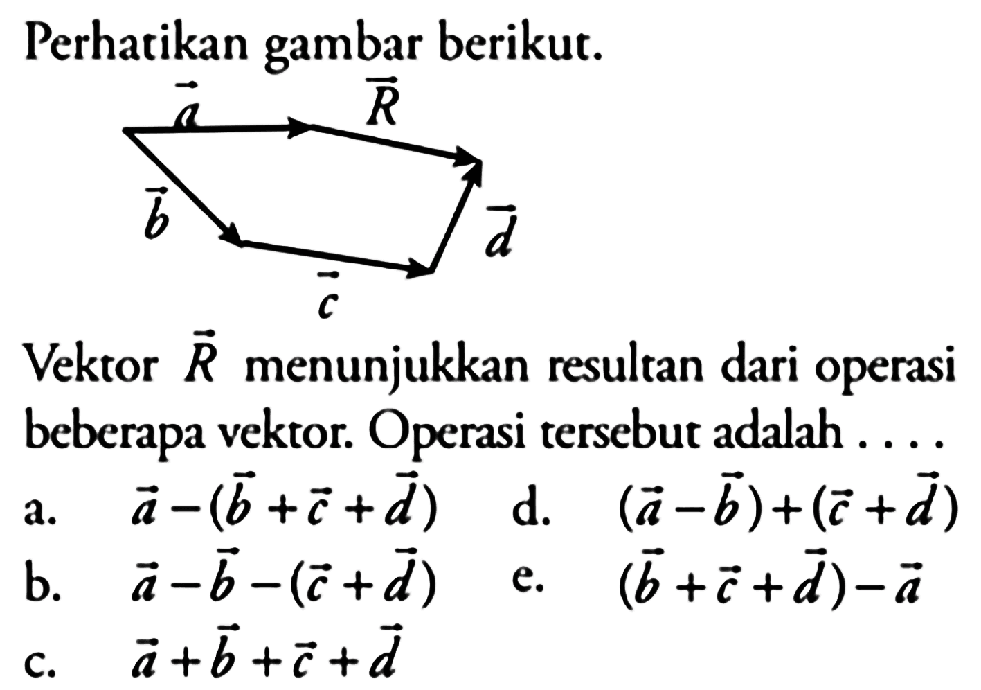 Perhatikan gambar berikut. vektor a vektor R vektor D vektor c vektor b  Vektor R menunjukkan resultan dari operasi beberapa vektor. Operasi tersebut adalah ....
