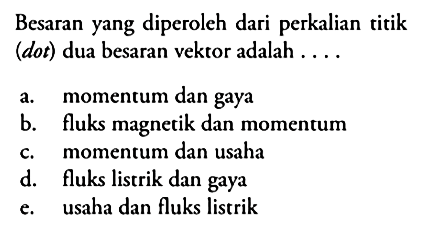 Besaran yang diperoleh dari perkalian titik (dot) dua besaran vektor adalah....