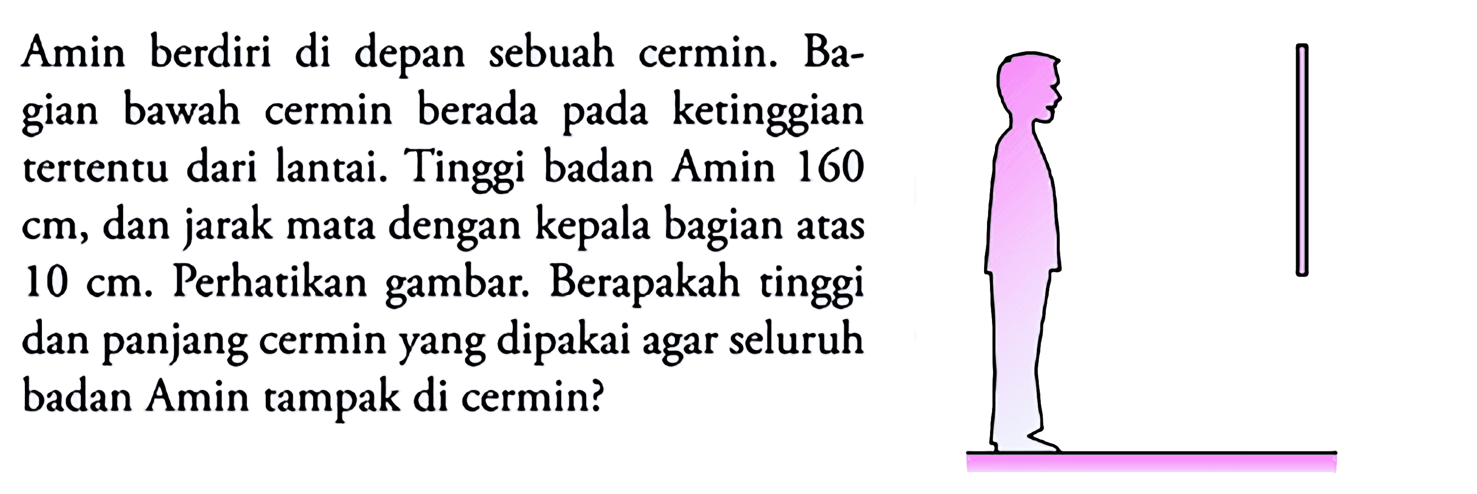 Amin berdiri di depan sebuah cermin. Bagian bawah cermin berada pada ketinggian tertentu dari lantai. Tinggi badan Amin 160  cm , dan jarak mata dengan kepala bagian atas  10 cm . Perhatikan gambar. Berapakah tinggi dan panjang cermin yang dipakai agar seluruh badan Amin tampak di cermin?