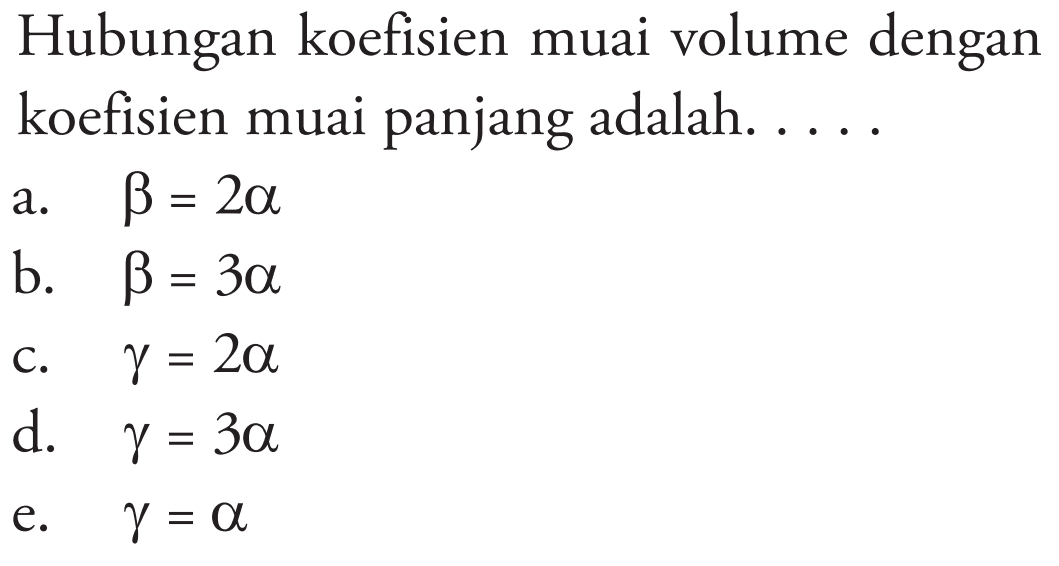 Hubungan koefisien muai volume dengan koefisien muai panjang adalah. ....
