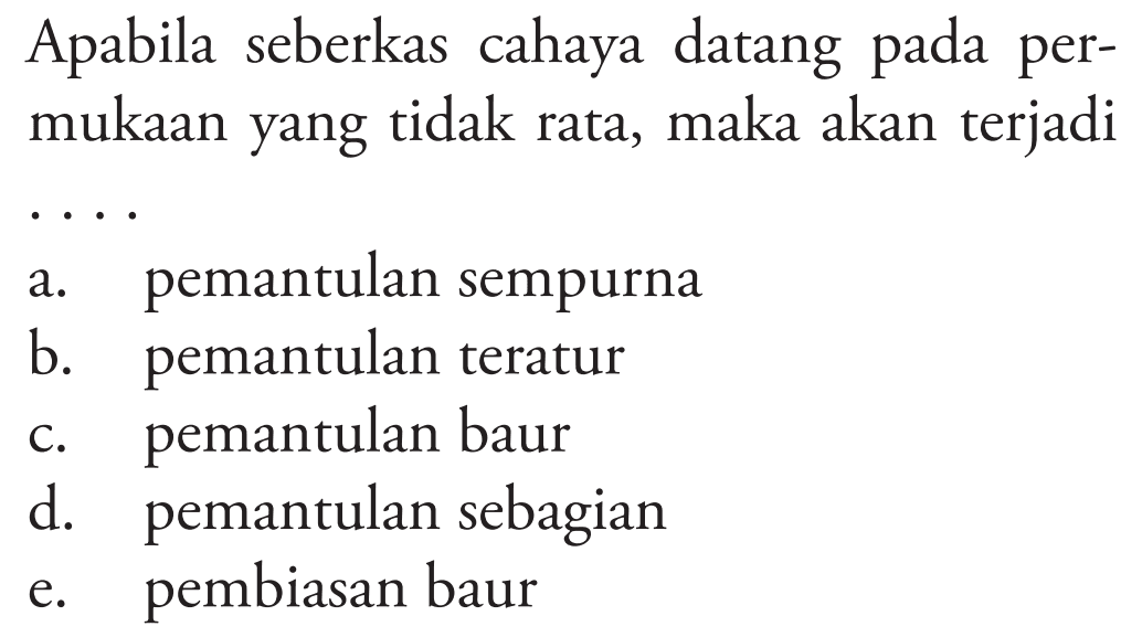 Apabila seberkas cahaya datang pada permukaan yang tidak rata, maka akan terjadi...