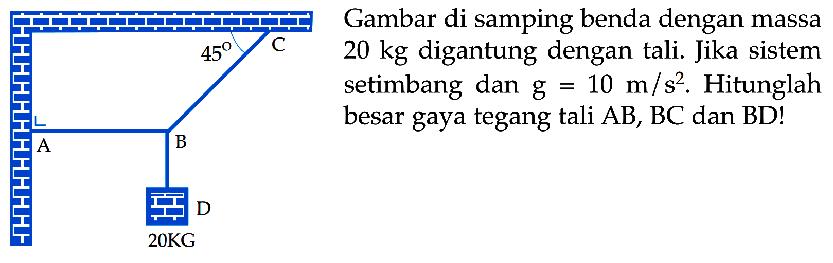 Gambar di samping benda dengan massa 20 kg digantung dengan tali. Jika sistem setimbang dan g = 10 m/s^2. Hitunglah besar gaya tegang tali AB, BC dan BD!