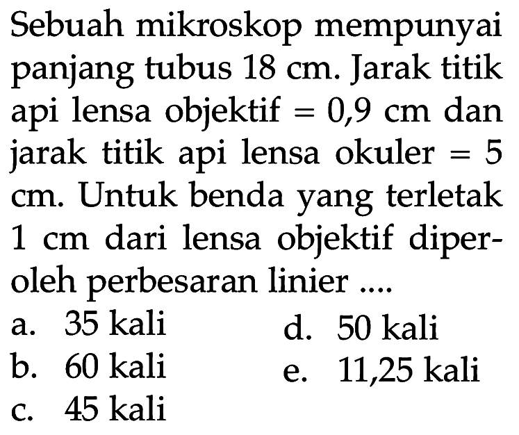 Sebuah mikroskop mempunyai panjang tubus 18 cm. Jarak titik api lensa objektif=0,9 cm dan jarak titik api lensa okuler=5 cm. Untuk benda yang terletak 1 cm dari lensa objektif diperoleh perbesaran linier .... 