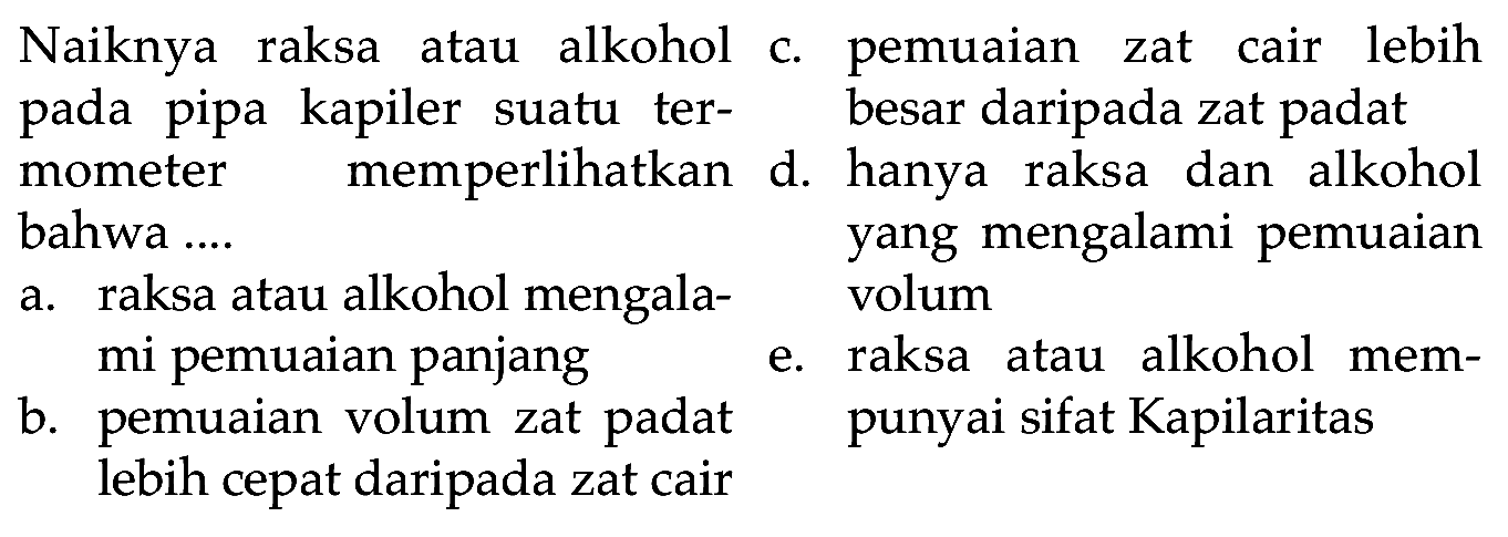 Naiknya raksa atau alkohol pada pipa kapiler suatu termometer memperlihatkan bahwa ....