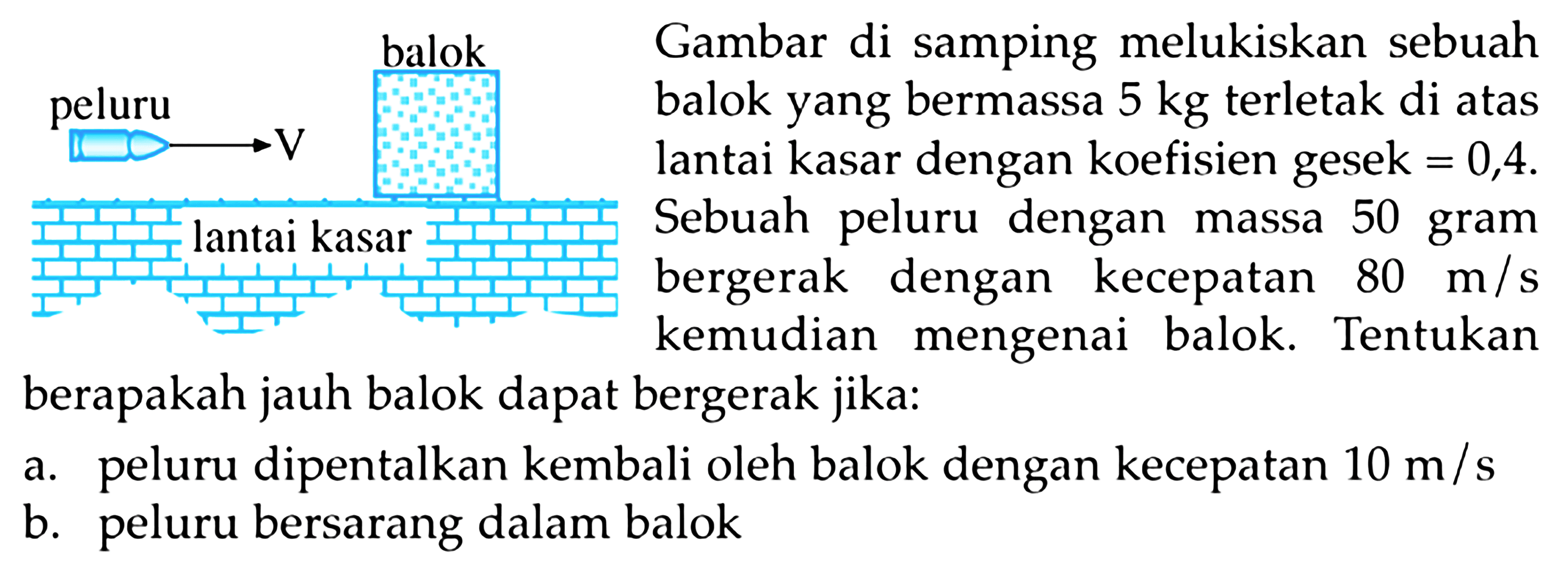     { balok )   { Gambar di samping melukiskan sebuah )   { peluru )   { balok yang bermassa 5 kg terletak di atas )   { lantai kasar dengan koefisien gesek )=0,4 . 
 mathrm{~ T ㄷ ㅗ ㄷ ㅗ ㄱ ㅜ)  bergerak dengan kecepatan  80 m / s  kemudian mengenai balok. Tentukan berapakah jauh balok dapat bergerak jika:
a. peluru dipentalkan kembali oleh balok dengan kecepatan  10 m / s 
b. peluru bersarang dalam balok