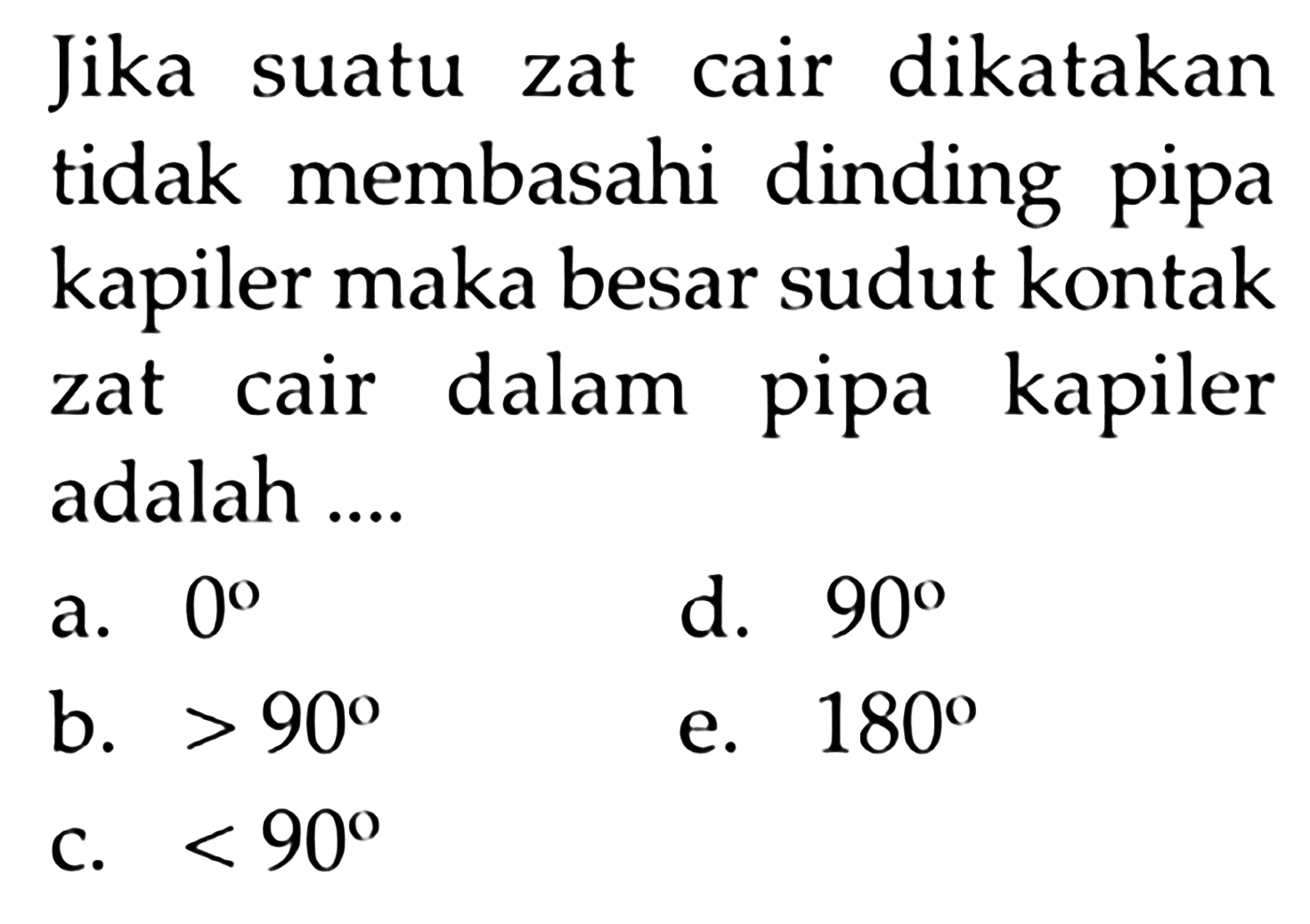 Jika suatu zat cair dikatakan tidak membasahi dinding pipa kapiler maka besar sudut kontak zat cair dalam pipa kapiler adalah...