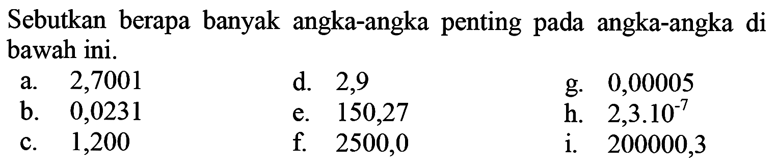 Sebutkan berapa banyak angka-angka penting pada angka-angka di bawah ini. a. 2,7001 b. 0,0231 c. 1,200 d. 2,9 e. 150,27 f. 2500,00 g. 0,00005 h. 2,3 . 10^-7 i. 200000,3 