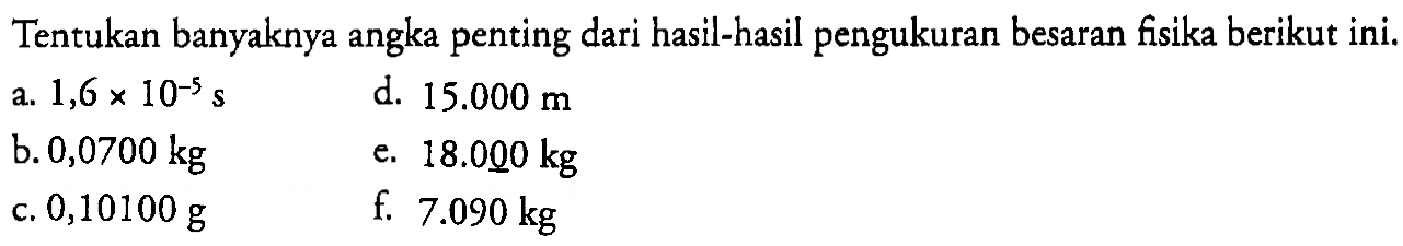 Tentukan banyaknya angka penting dari hasil-hasil pengukuran besaran fisika berikut ini. a. 1,6 x 10^-5 s b. 0,0700 kg c. 0,10100 g d. 15.000 m e. 18.000 kg f. 7.090 kg