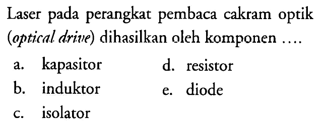 Laser pada perangkat pembaca cakram optik (optical drive) dihasilkan oleh komponen ....