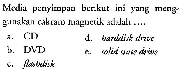 Media penyimpan berikut ini yang menggunakan cakram magnetik adalah ....