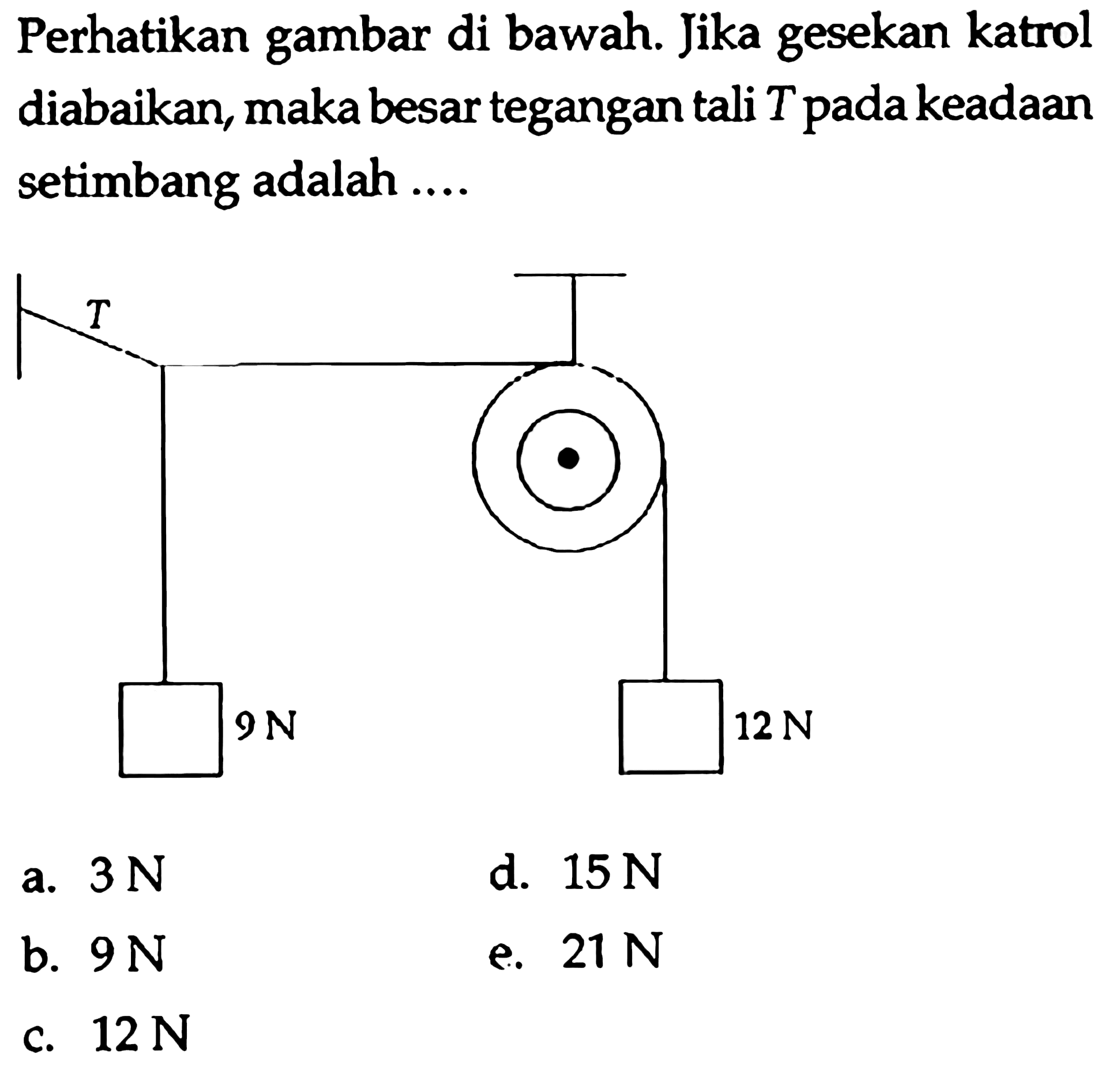 Perhatikan gambar di bawah. Jika gesekan katrol diabaikan, maka besar tegangan tali T pada keadaan setimbang adalah .... T 9 N 12 N 