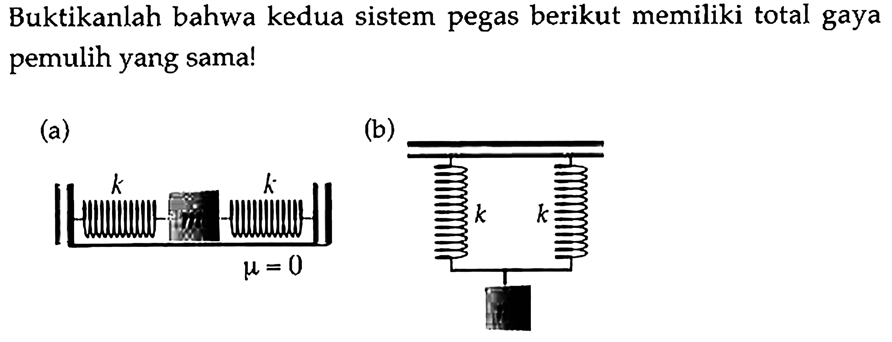 Buktikanlah bahwa kedua sistem pegas berikut memiliki total gaya pemulih yang sama! 
(a) k k mu = 0 
(b) k k