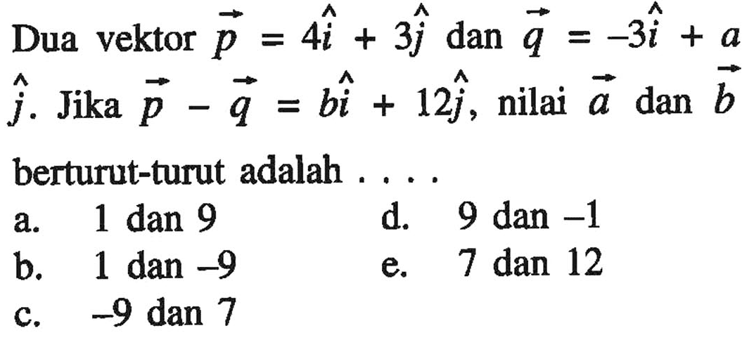 Dua vektor p=4i + 3j dan vektor q=-3i + aj. Jika p - q=bi + 12j, nilai a dan b berturut-turut adalah ....