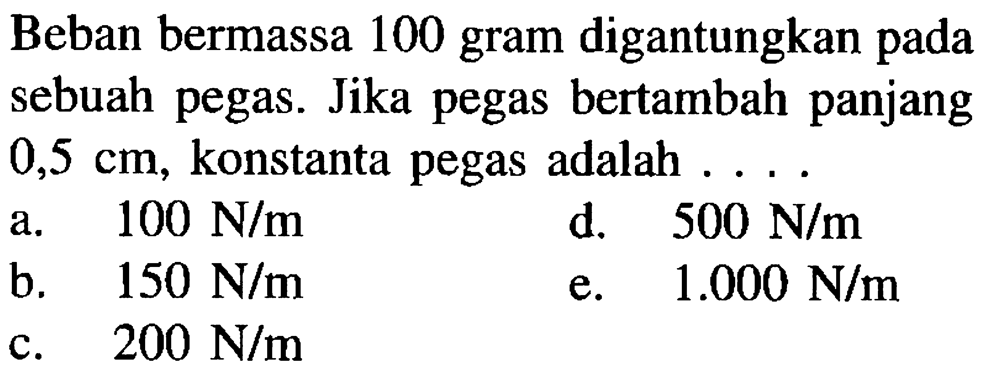 Beban bermassa 100 gram digantungkan pada sebuah pegas. Jika pegas bertambah panjang 0,5 cm, konstanta pegas adalah ... 