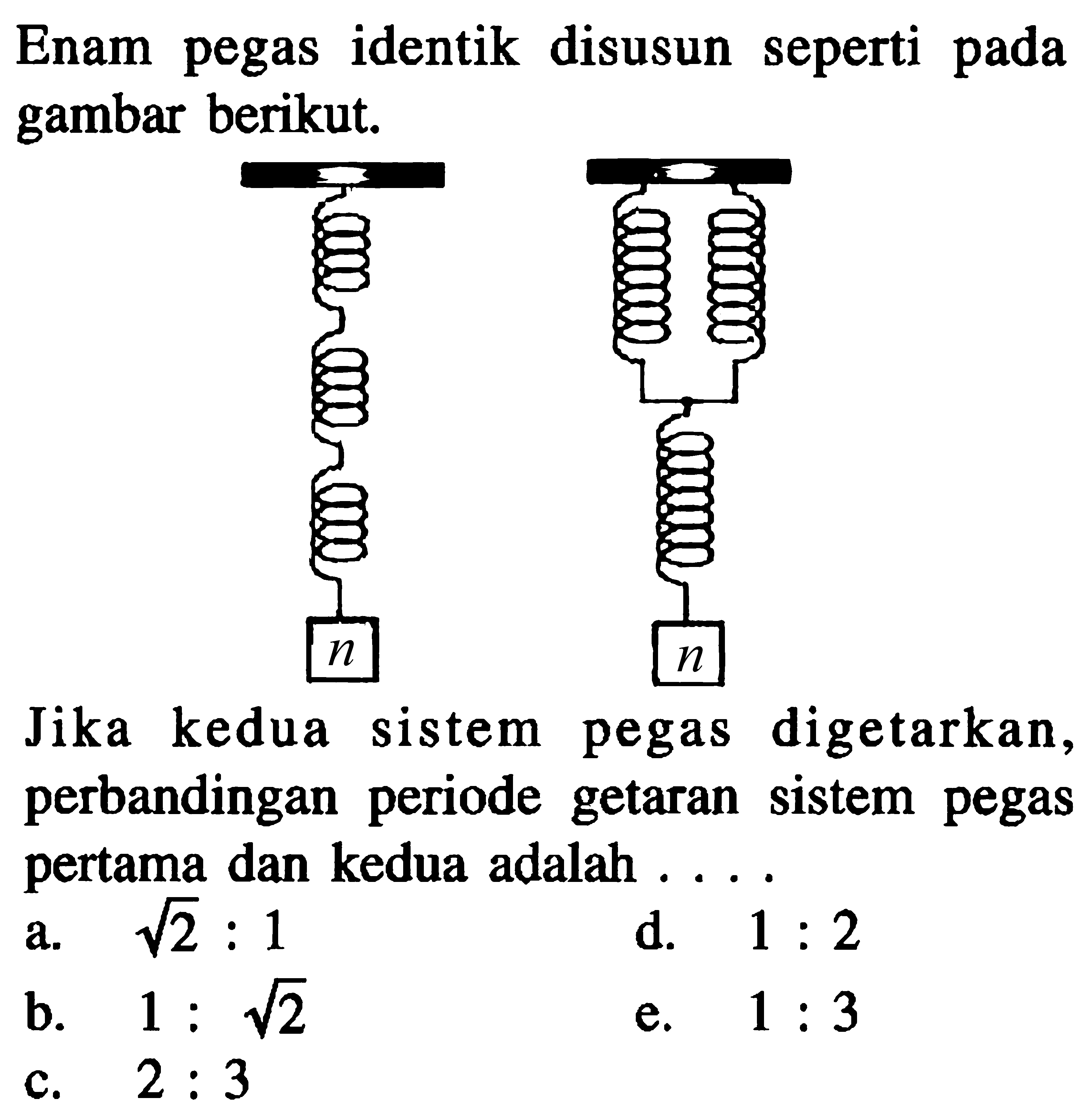 Enam pegas identik disusun seperti pada gambar berikut. 
n n 
Jika kedua sistem pegas digetarkan, perbandingan periode getaran sistem pegas pertama dan kedua adalah ....