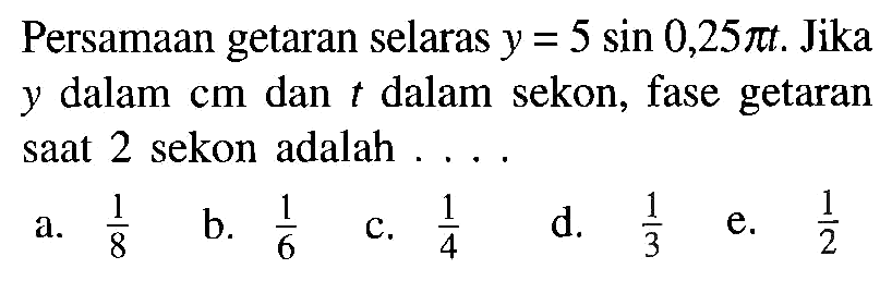 Persamaan getaran selaras  y=5 sin 0,25 pi t . Jika  y  dalam  cm  dan  t  dalam sekon, fase getaran saat 2 sekon adalah ....
a.  (1)/(8) 
b.  (1)/(6) 
c.  (1)/(4) 
d.  (1)/(3) 
e.  (1)/(2) 