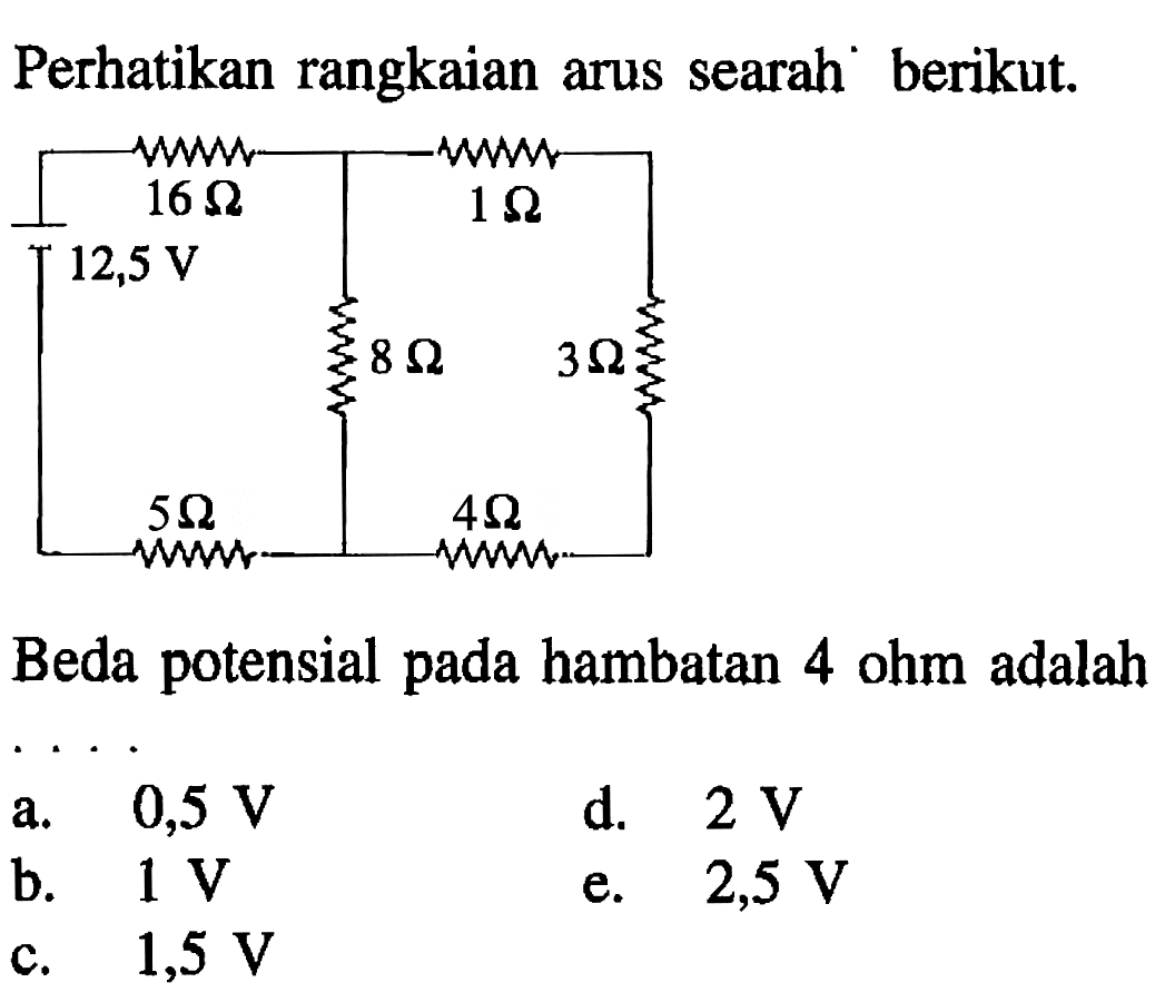 Perhatikan rangkaian arus searah berikut. 16 Ohm 1 Ohm 12,5 V 8 Ohm 3 Ohm 5 Ohm 4 Ohm Beda potensial pada hambatan 4 ohm adalah . . . . 