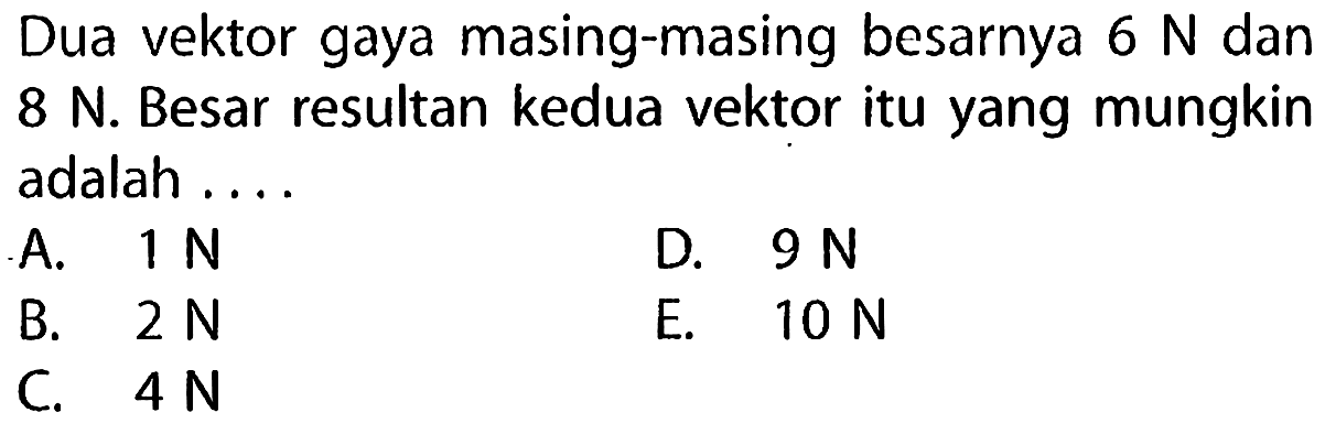 Dua vektor gaya masing-masing besarnya 6 N dan 8 N. Besar resultan kedua vektor itu yang mungkin adalah