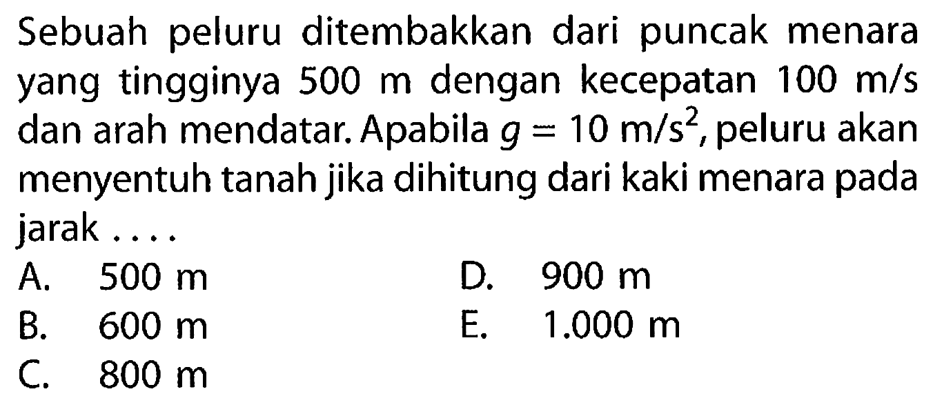 Sebuah peluru ditembakkan dari puncak menara yang tingginya 500 m dengan kecepatan 100 m/s dan arah mendatar. Apabila g=10 m/s^2, peluru akan menyentuh tanah jika dihitung dari kaki menara pada jarak....