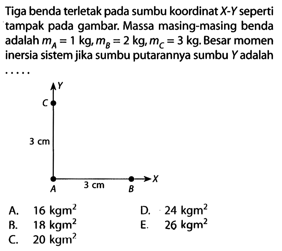 Tiga benda terletak pada sumbu koordinat X-Y seperti tampak pada gambar. Massa masing-masing benda adalah mA = 1 kg, mB = 2 kg, mC = 3 kg. Besar momen inersia sistem jika sumbu putarannya sumbu Y adalah Y C 3 cm X A 3 cm B 
A. 16 kgm^2 D. 24 kgm^2 B. 18 kgm^2 E. 26 kgm^2 C. 20 kgm^2 