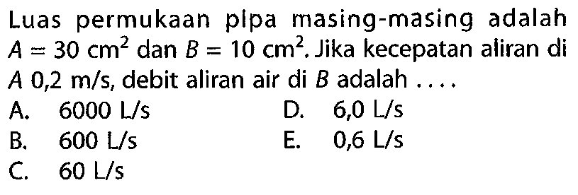 Luas permukaan pipa masing-masing adalah  A = 30 cm^2  dan  B = 10 cm^2. Jika kecepatan aliran di  A 0,2 m/s, debit aliran air di B adalah....