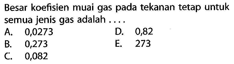 Besar koefisien muai gas pada tekanan tetap untuk semua jenis gas adalah ....