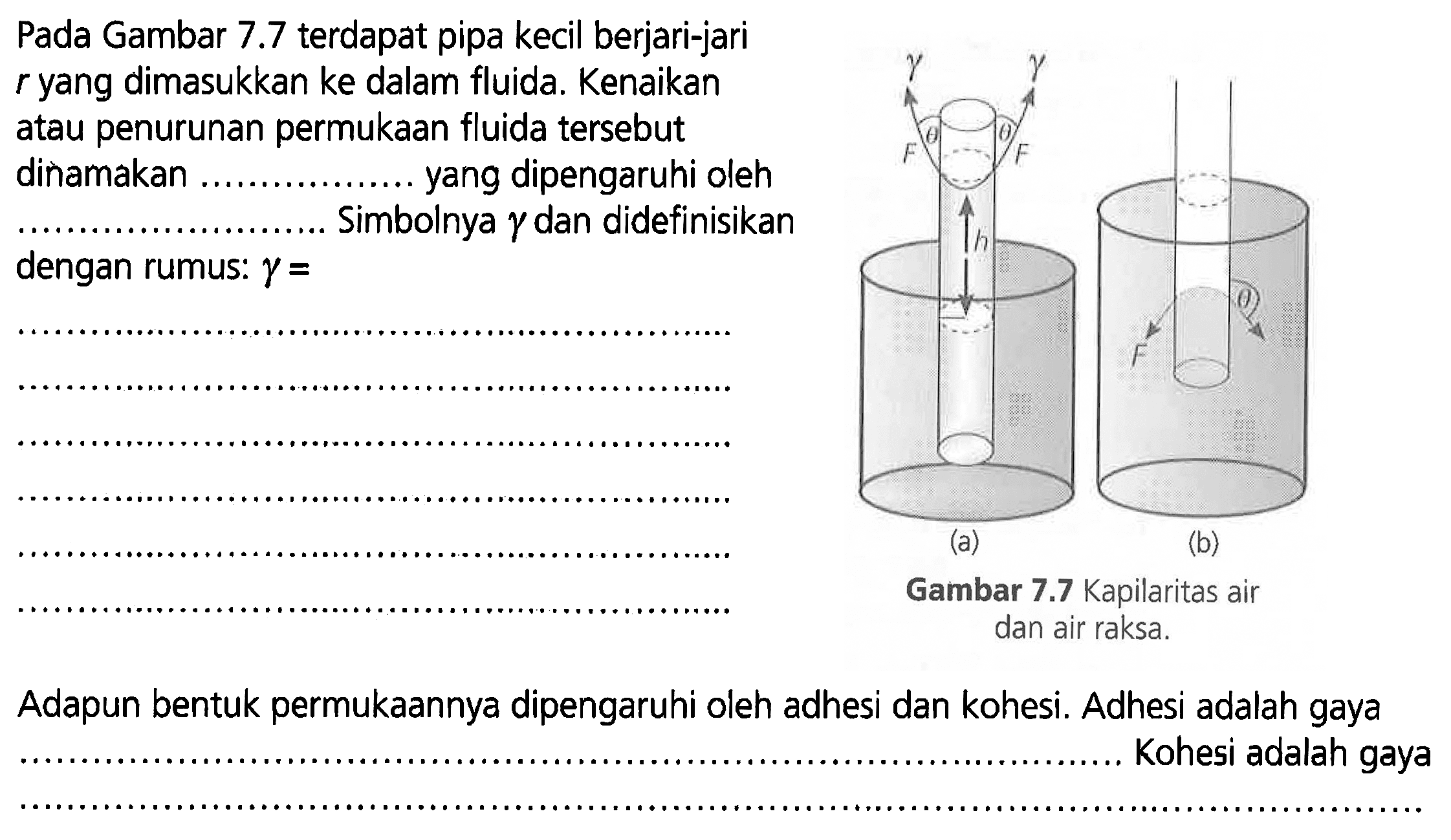 Pada Gambar 7.7 terdapat pipa kecil berjari-jari r yang dimasukkan ke dalam fluida. Kenaikan atau penurunan permukaan fluida tersebut dinamakan ... yang dipengaruhi oleh .... Simbolnya gamma dan didefinisikan dengan rumus: gamma = .... 
Adapun bentuk permukaannya dipengaruhi oleh adhesi dan kohesi. Adhesi adalah gaya .... Kohesi adalah gaya .... 
(a) gamma gamma theta theta F F h 
(b) F theta 
Gambar 7.7 Kapilaritas air dan air raksa