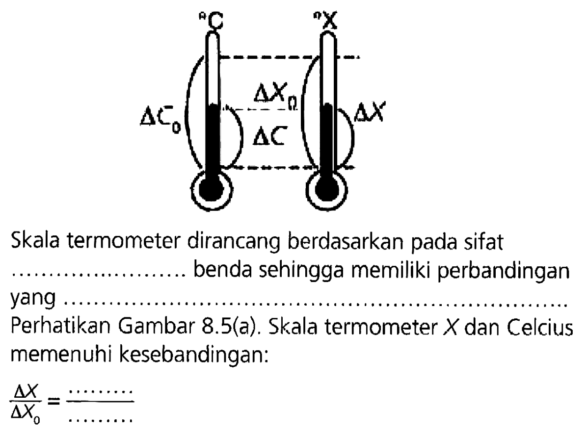 Skala termometer dirancang berdasarkan pada sifat benda sehingga memiliki perbandingan yang Perhatikan Gambar 8.5(a). Skala termometer  X  dan Celcius memenuhi kesebandingan:

(segitiga X)/(segitiga X_(0))=(... ... ...)/(... ... ...)
