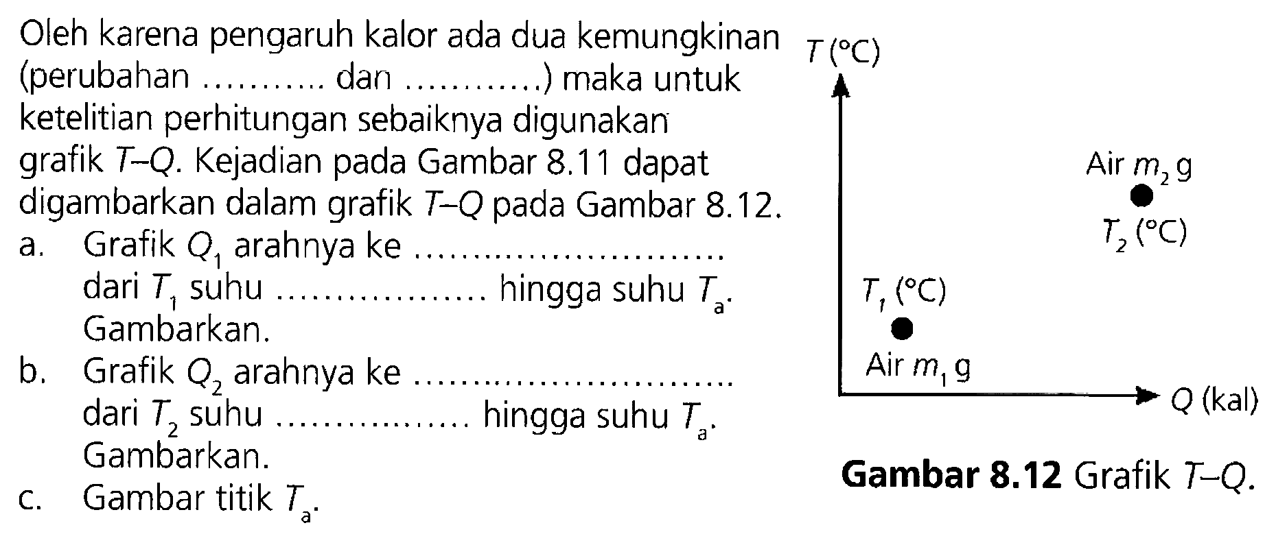 Oleh karena pengaruh kalor ada dua kemungkinan (perubahan ... dan ...) maka untuk ketelitian perhitungan sebaiknya digunakan grafik T-Q. Kejadian pada gamabr 8.11 dapat digambarkan dalam grafik T-Q pada Gambar 8.12. a. Grafik Q1 arahnya ke .... dari T1, suhu .... hingga suhu Ta. Gambarkan. b. Grafik Q2 arahnya ke.... dan T2 suhu .... hingga suhu Ta. Gambarkan c. Gambar titik Ta. T (C) Air m2g T2 (C) T1 (C) Air M1 g Q (kal) Gambar 8.12 Grafik T-Q. 