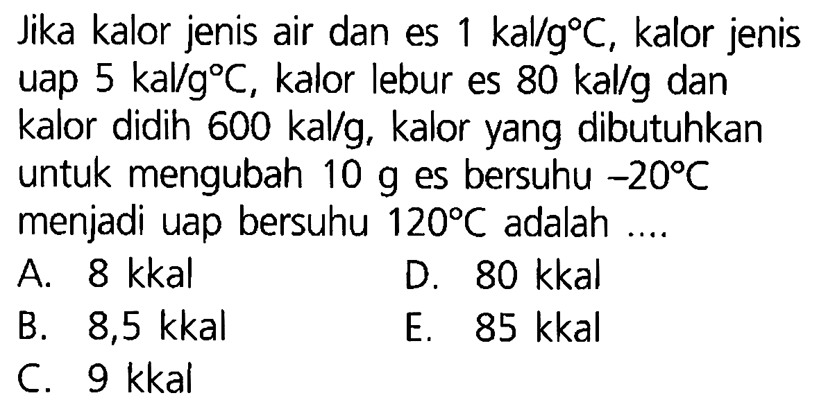 Jika kalor jenis air dan es 1 kal/gC, kalor jenis uap 5 kal/g C, kalor lebur es 80 kal/g dan kalor didih  600 kal/g , kalor yang dibutuhkan untuk mengubah 10 g es bersuhu -20 C menjadi uap bersuhu 120 C adalah ... 