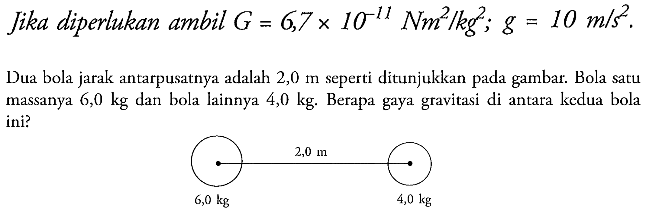 Jika diperlukan ambil G=6,7 x 10^(-11) Nm^2/kg^2; g=10 m/s^2 Dua bola jarak antarpusatnya adalah 2,0 m seperti ditunjukkan pada gambar. Bola satu massanya 6,0 kg dan bola lainnya 4,0 kg. Berapa gaya gravitasi di antara kedua bola ini? 6,0 kg 2,0 m 4,0 kg