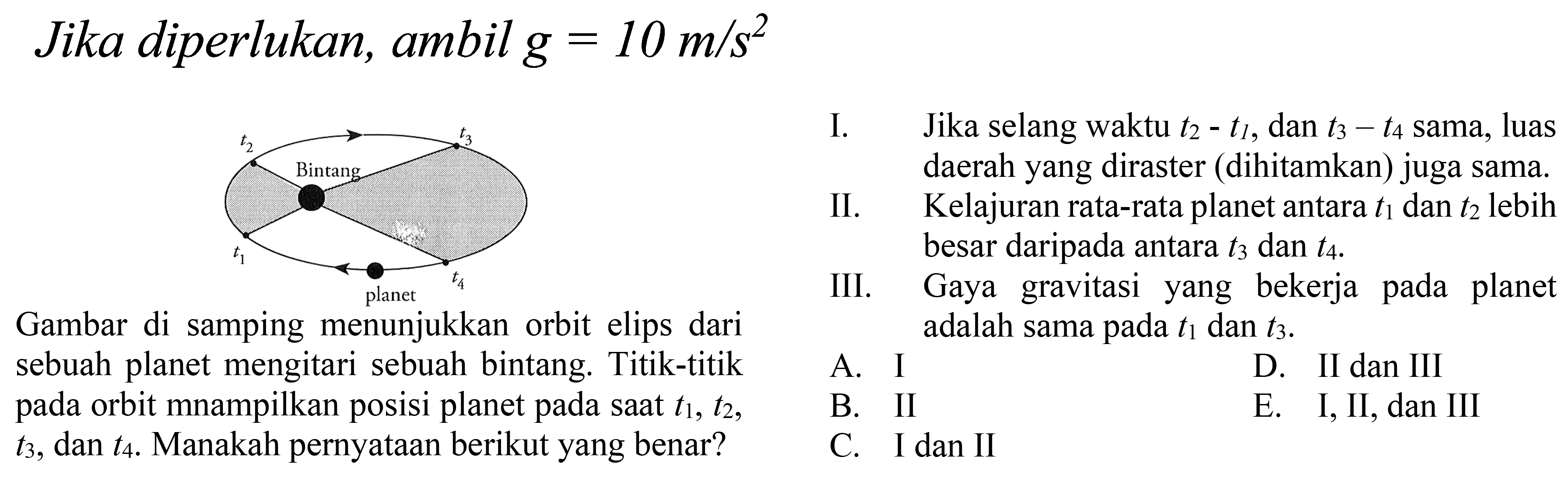 Jika diperlukan, ambil g = 10m/s^2
t2 t3
Bintang
t1 t4
planet
Gambar di samping menunjukkan orbit elips dari sebuah planet mengitari sebuah bintang. Titik-titik pada orbit menampilkan posisi planet pada saat t1, t2, t3, dab t4. Manakah pernyataan berikut yang benar?
I. Jika selang waktu t2 = t1 dan t3 = t4, luas daerah yang diraster (dihitamkan) juga sama.
II. Kelajuran rata-rata planet antara t1 dan t2 lebih besar daripada antara t3 dan t4.
III. Gaya gravitasi yang bekerja pada planet adalah sama pada t1 dan t3.