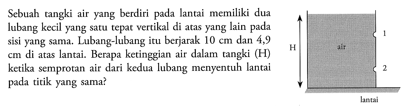 Sebuah tangki air yang berdiri pada lantai memiliki dua lubang kecil yang satu tepat vertikal di atas yang lain pada sisi yang sama. Lubang-lubang itu berjarak 10 cm dan 4,9 cm di atas lantai. Berapa ketinggian air dalam tangki (H) ketika semprotan air dari kedua lubang menyentuh lantai pada titik yang sama? H air 1 2 lantai