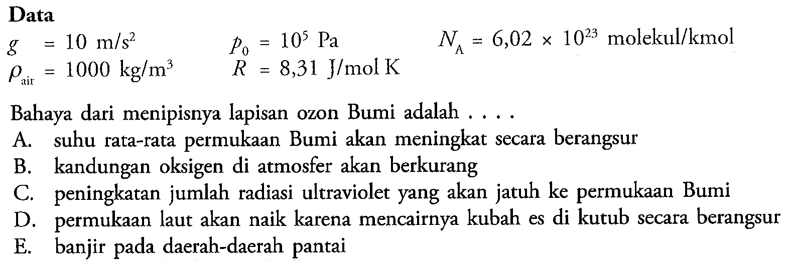 Data 
g = 10 m/s^2 
rho air = 1000 kg/m^3 
p0 = 10^5 Pa 
R = 8,31 J/(mol K) 
NA = 6,02 x 10^23 molekul/kmol 
Bahaya dari menipisnya lapisan ozon Bumi adalah ....