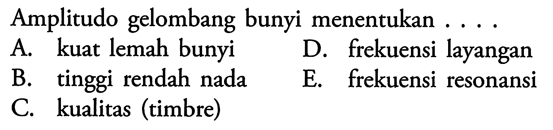 Amplitudo gelombang bunyi menentukan ....
A. kuat lemah bunyi
D. frekuensi layangan
B. tinggi rendah nada
E. frekuensi resonansi
C. kualitas (timbre)