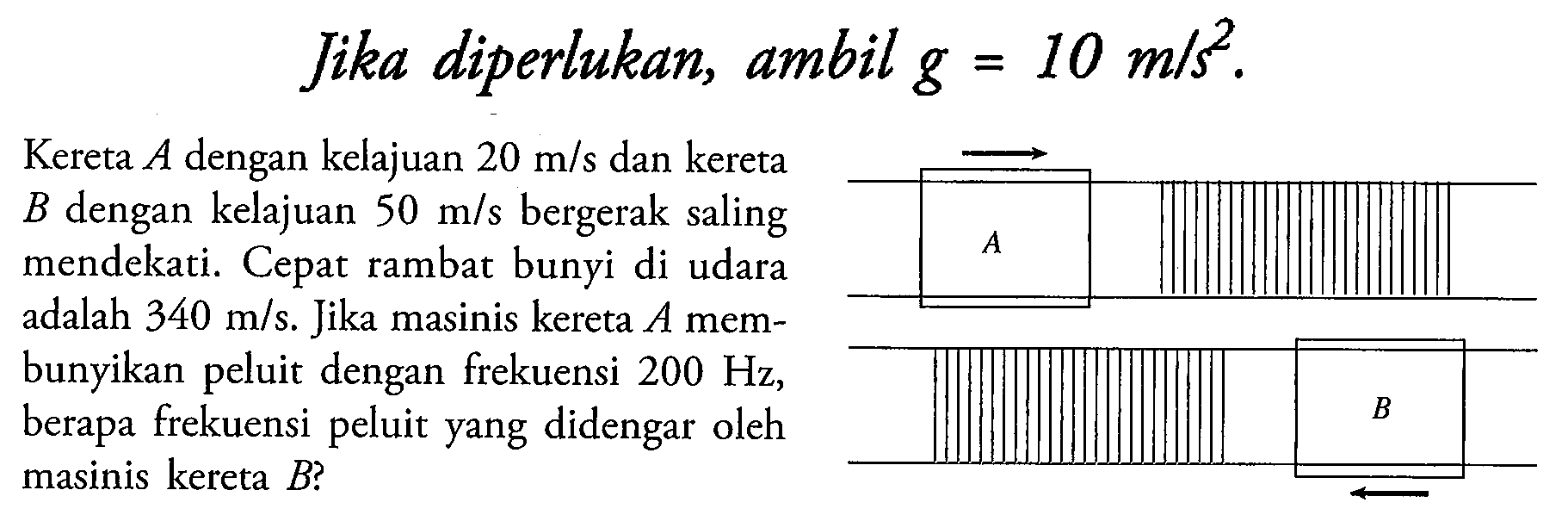 Jika diperlukan, ambil  g=10 m / s^2 .
Kereta  A  dengan kelajuan  20 m / s  dan kereta
 B  dengan kelajuan  50 m / s  bergerak saling
mendekati. Cepat rambat bunyi di udara
adalah  340 m / s .  Jika masinis kereta  A  mem-
bunyikan peluit dengan frekuensi  200 Hz ,
berapa frekuensi peluit yang didengar oleh
masinis kereta  B  ?
A B