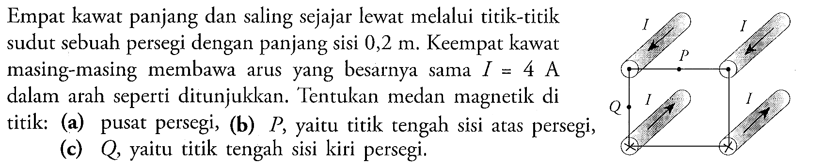 Empat kawat panjang dan saling sejajar lewat melalui titik-titik sudut sebuah persegi dengan panjang sisi 0,2 m. Keempat kawat masing-masing membawa arus yang besarnya sama I = 4 A dalam arah seperti ditunjukkan. Tentukan medan magnetik di titik: 
(a) pusat persegi, (b) P yaitu titik tengah sisi atas persegi, (c) Q, yaitu titik tengah sisi kiri persegi. 
I I P I I Q  