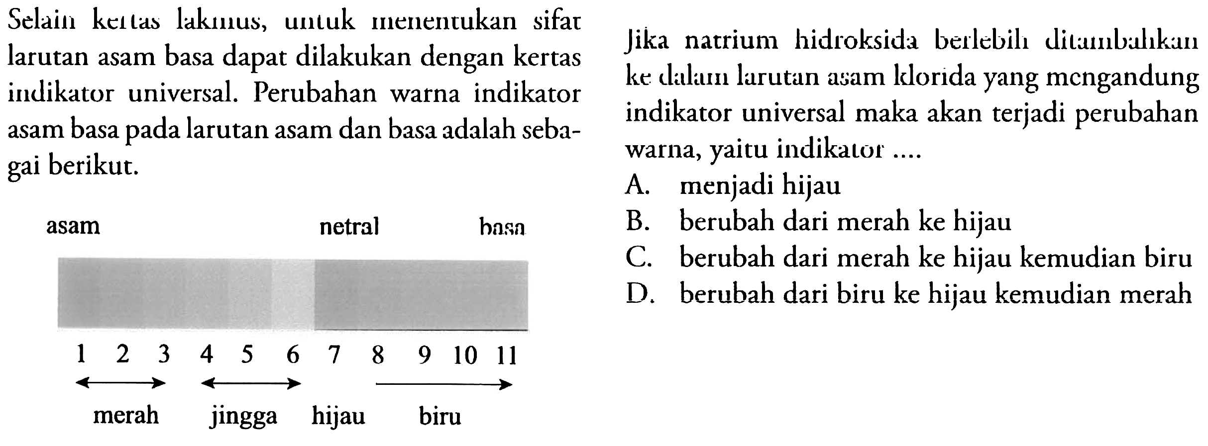 Selain kertas lakmus, untuk menentukan sifat larutan asam basa dapat dilakukan dengan kertas indikator universal. Perubahan warna indikator asam basa pada larutan asam dan basa adalah sebagai berikut. 
asam netral basa 1 2 3 4 5 6 7 8 9 10 11 merah jingga hijau biru 
Jika natrium hidroksida berlebih ditambahkan ke dalam larutan asam klorida yang mengandung indikator universal maka akan terjadi perubahan warna, yaitu indikator ....