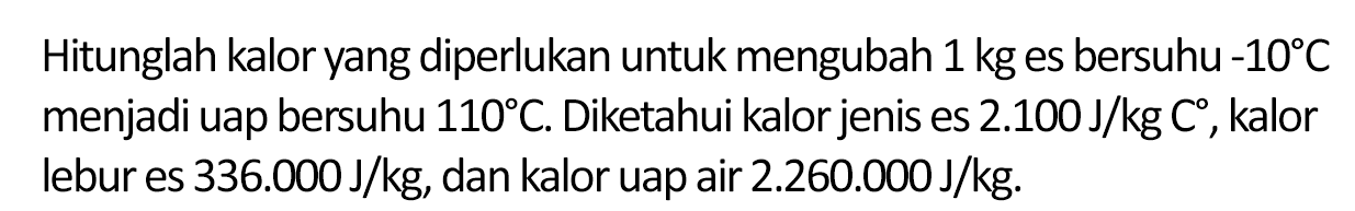 Hitunglah kalor yang diperlukan untuk mengubah 1 kg es bersuhu -10 C menjadi uap bersuhu 110 C. Diketahui kalor jenis es 2.100 J/kg C, kalor lebur es 336.000 J/kg, dan kalor uap air 2.260.000 J/kg.