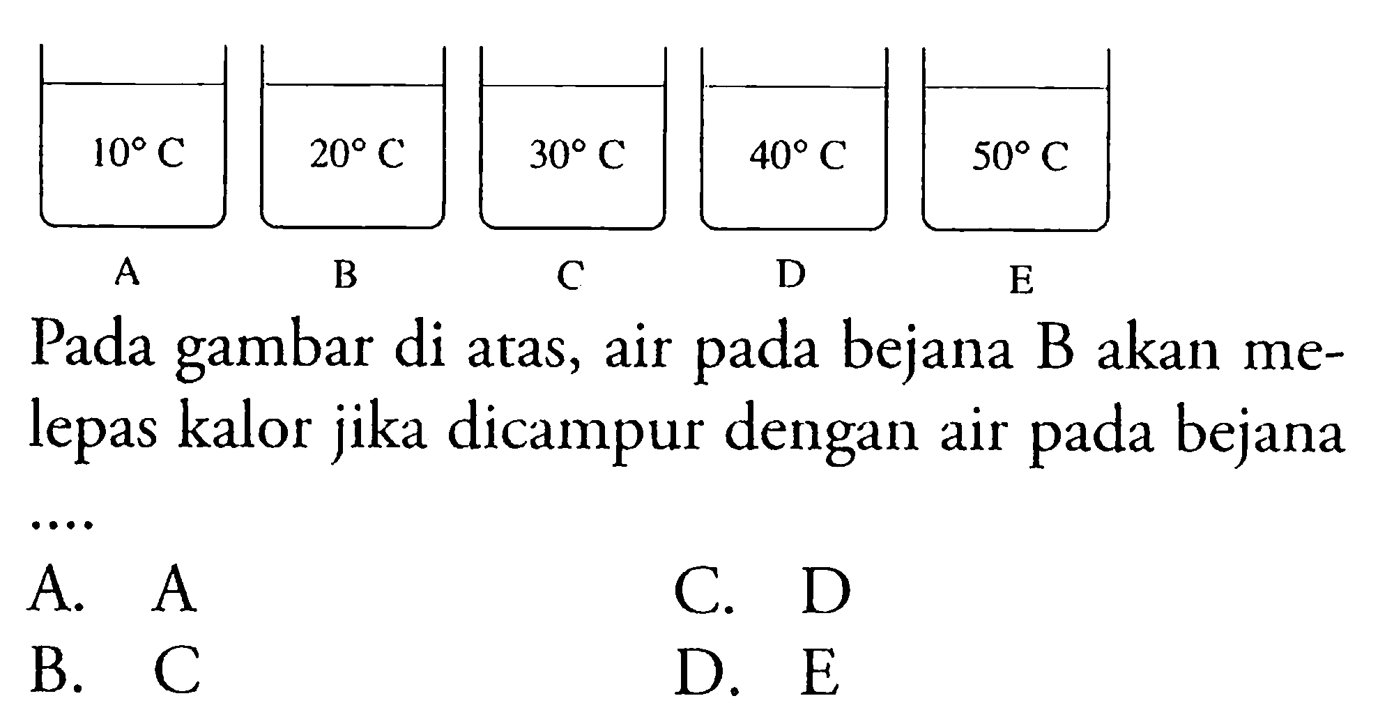 10 C  20 C 30 C 40 C 50 C
Pada gambar di atas, air pada bejana  B  akan melepas kalor jika dicampur dengan air pada bejana
