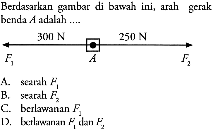 Berdasarkan gambar di bawah ini, arah gerak benda  A  adalah ....
300 N 250 N F1 F2 A 
