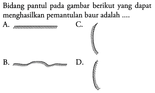 Bidang pantul pada gambar berikut yang dapat menghasilkan pemantulan baur adalah ....
A. 
C.
B.
D.