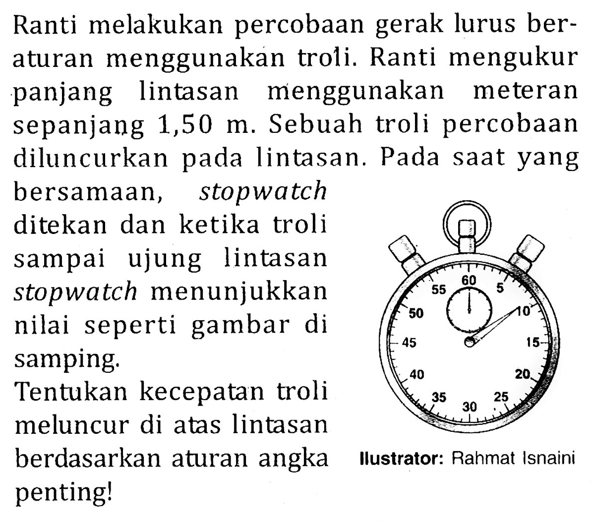 Ranti melakukan percobaan gerak lurus beraturan menggunakan troli. Ranti mengukur panjang lintasan menggunakan meteran sepanjang 1,50 m. Sebuah troli percobaan diluncurkan pada lintasan. Pada saat yang bersamaan, stopwatch ditekan dan ketika troli sampai ujung lintasan stopwatch menunjukkan nilai seperti gambar di samping. 
5 10 15 20 25 30 35 40 45 50 55 60 
Ilustrator: Rahmat Isnaini 
Tentukan kecepatan troli meluncur di atas lintasan berdasarkan aturan angka penting!