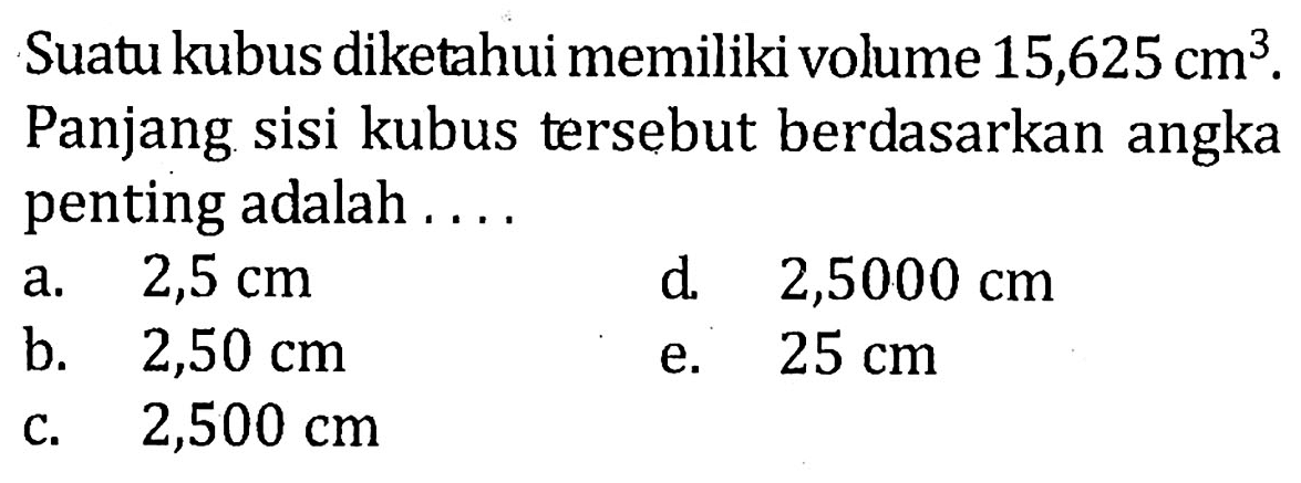 Suatu kubus diketahui memiliki volume  15,625 cm^3. Panjang sisi kubus tersebut berdasarkan angka penting adalah ....