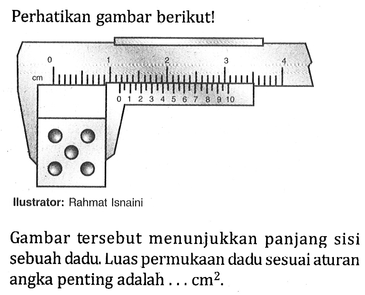 Perhatikan gambar berikut! 0 cm 1 2 3 4 0 1 2 3 4 5 6 7 8 9 10 Ilustrator: Rahmat Isnaini
Gambar tersebut menunjukkan panjang sisi sebuah dadu. Luas permukaan dadu sesuai aturan angka penting adalah ... cm^2.