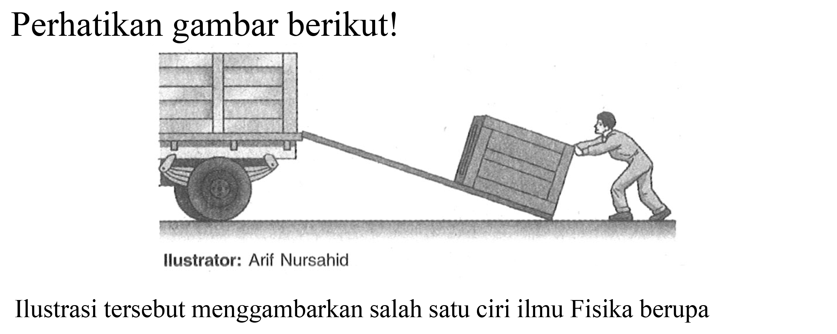 Perhatikan gambar berikut! 
(seseorang yang memindahkan barang ke kendaraan menggunakan bidang miring) 
llustrator: Arif Nursahid 
Ilustrasi tersebut menggambarkan salah satu ciri ilmu Fisika berupa